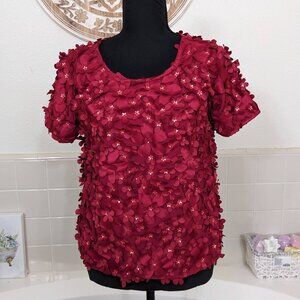 Anthropologie Varun Bahl Rosemarie Textured 3D Red Floral Applique Top (NWT)